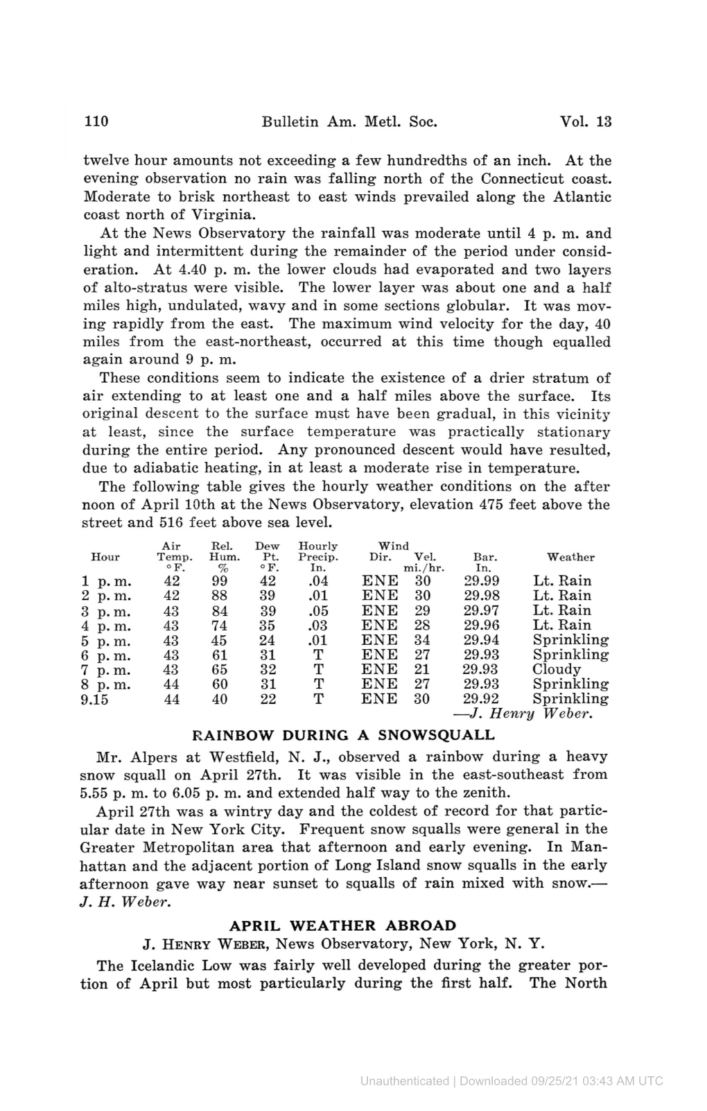 Twelve Hour Amounts Not Exceeding a Few Hundredths of an Inch. at the Evening Observation No Rain Was Falling North of the Connecticut Coast