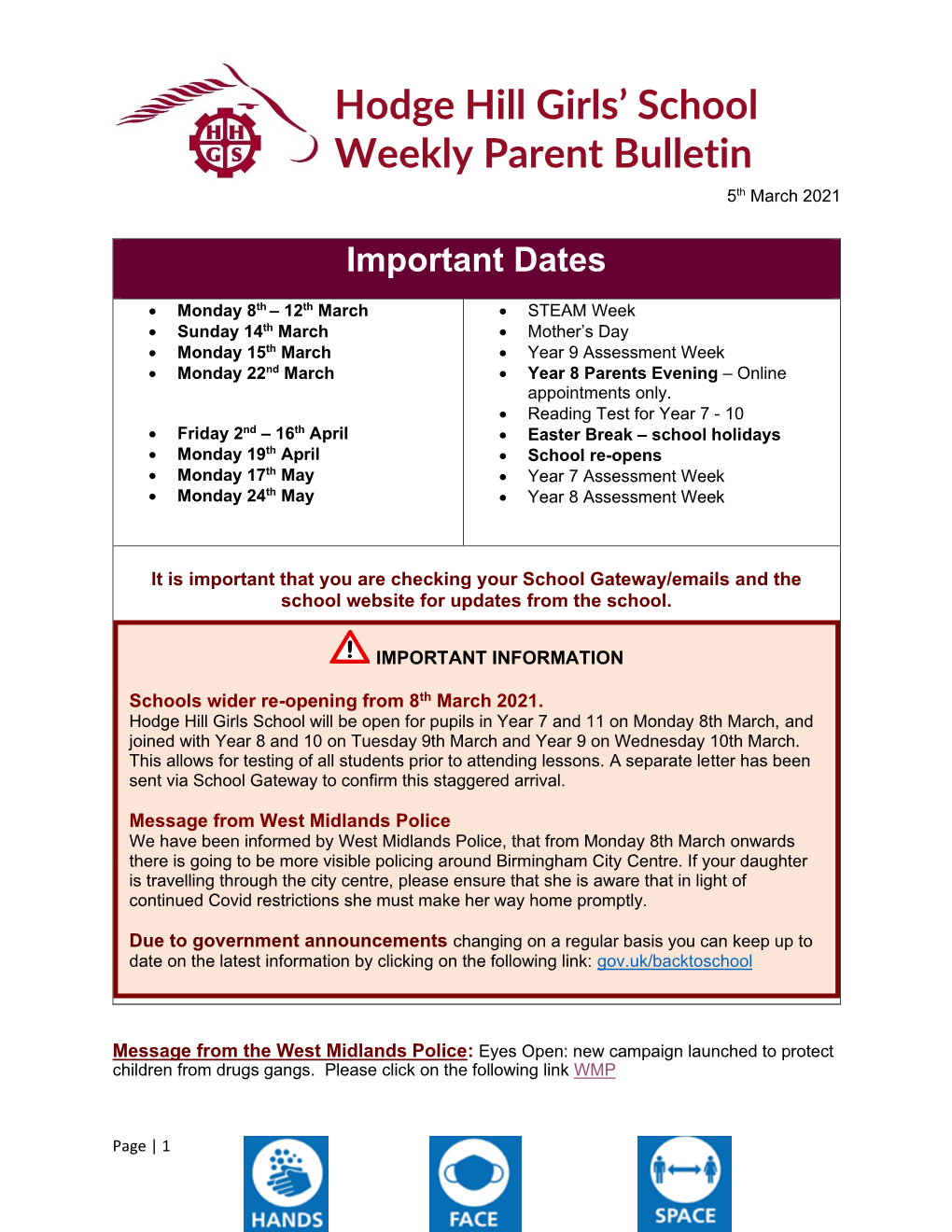Hodge Hill Girls' School Weekly Parent Bulletin