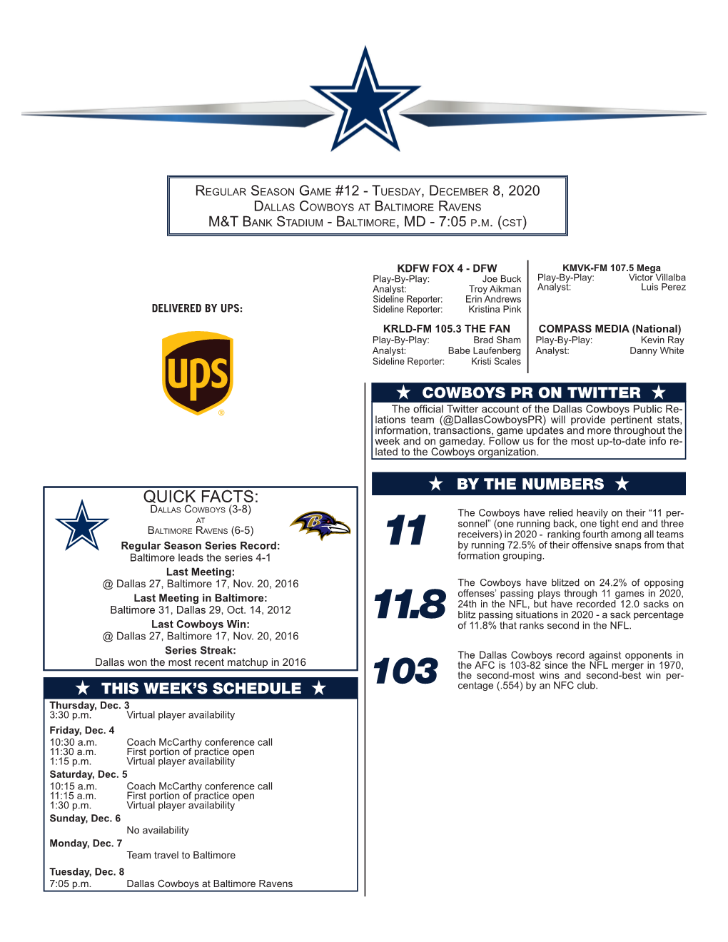 H This Week's Schedule H H Cowboys Pr On