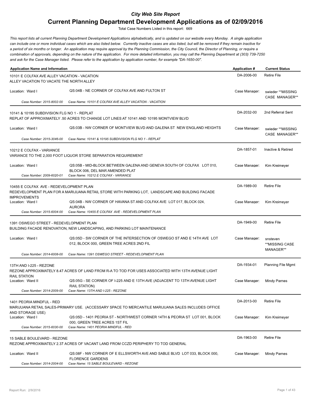 Current Planning Department Development Applications As of 02/09/2016 Total Case Numbers Listed in This Report: 669