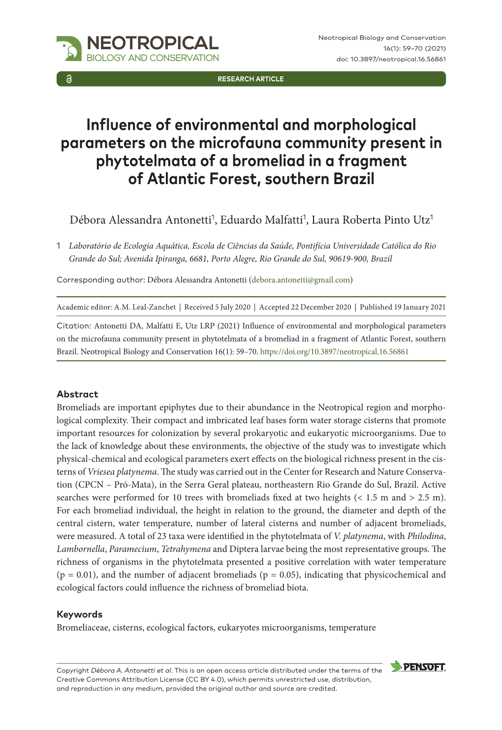 ﻿Influence of Environmental and Morphological Parameters on The