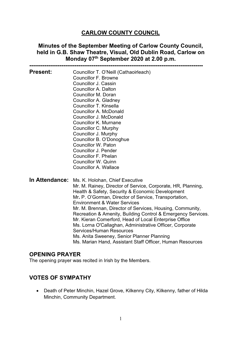 Minutes Carlow County Council September 2020.Pdf