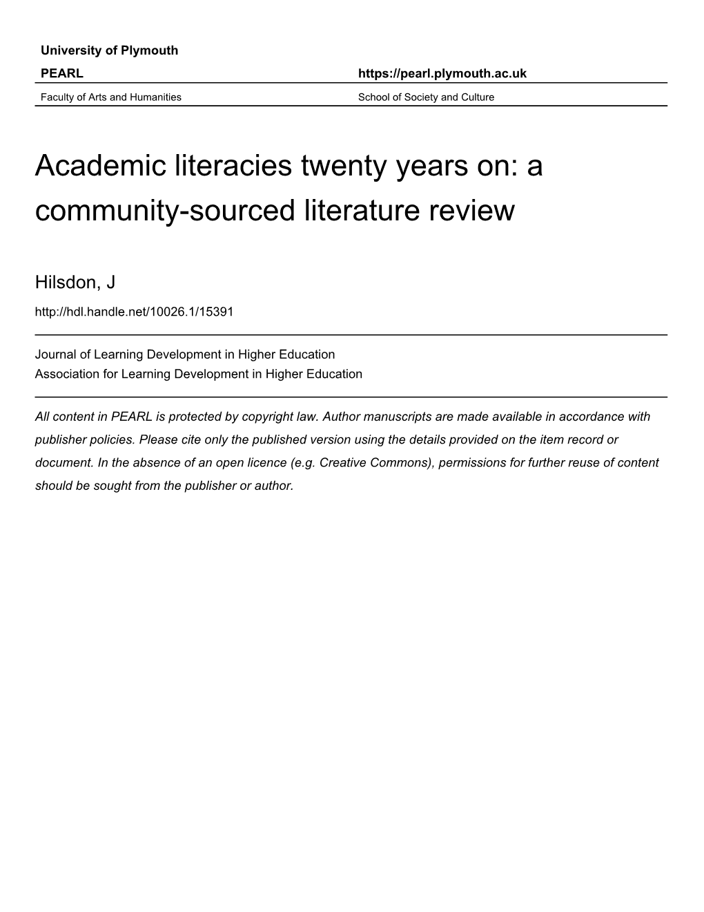 Academic Literacies Twenty Years On: a Community-Sourced Literature Review