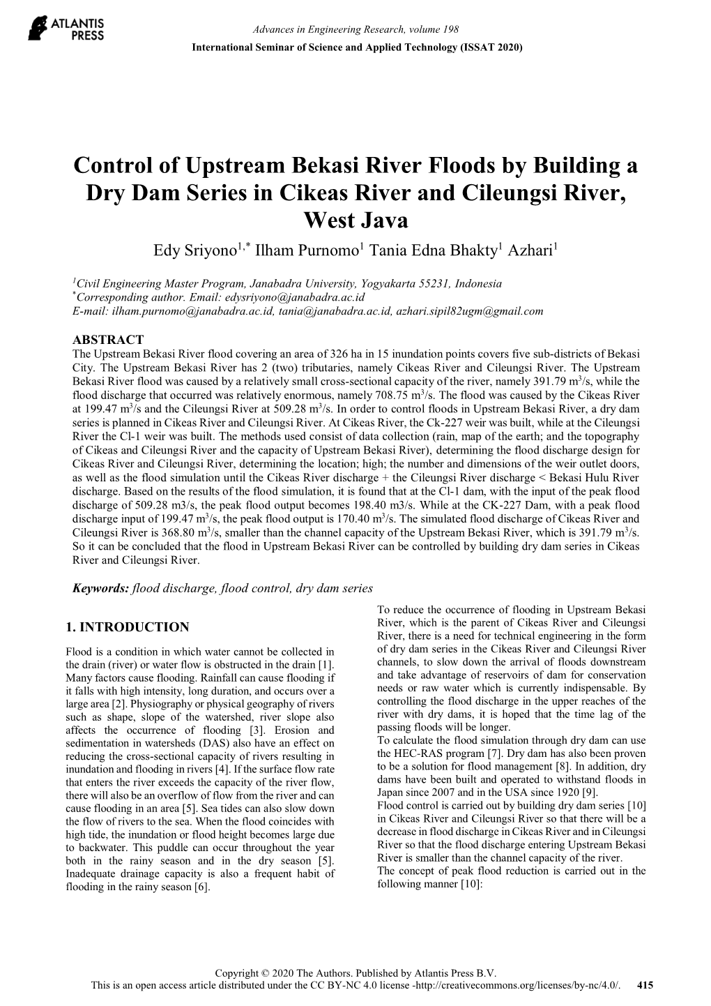 Control of Upstream Bekasi River Floods by Building a Dry Dam