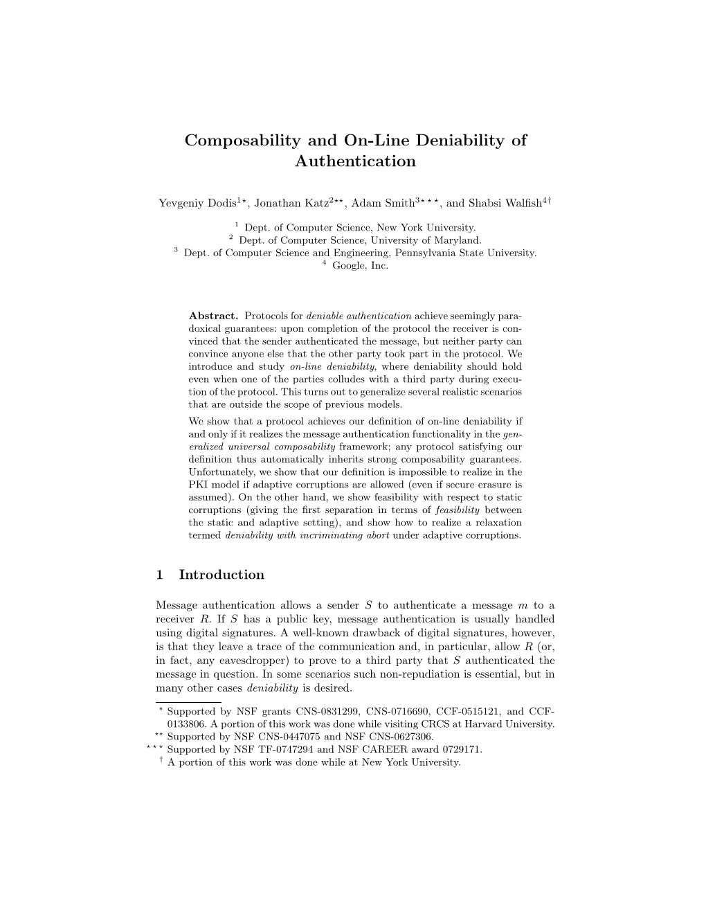 Composability and On-Line Deniability of Authentication