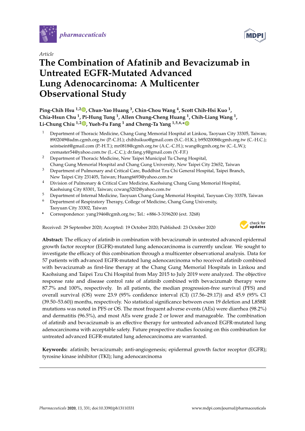 The Combination of Afatinib and Bevacizumab in Untreated EGFR-Mutated Advanced Lung Adenocarcinoma: a Multicenter Observational Study