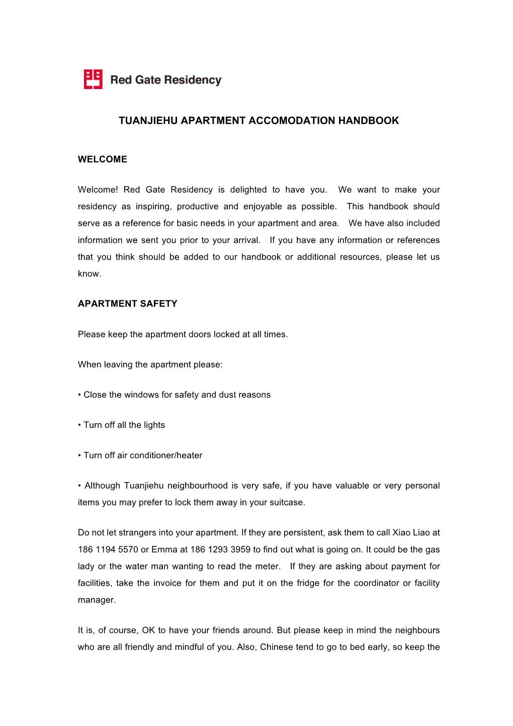 Tuanjiehu Apartment Accomodation Handbook