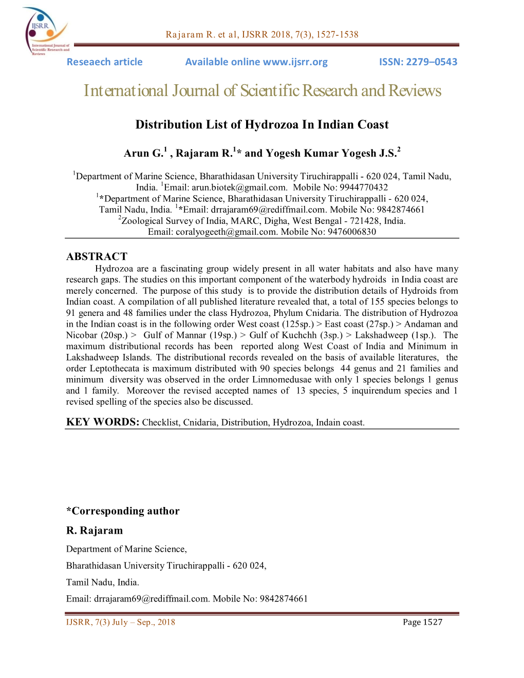 International Journal of Scientific Research and Reviews Distribution List of Hydrozoa in Indian Coast