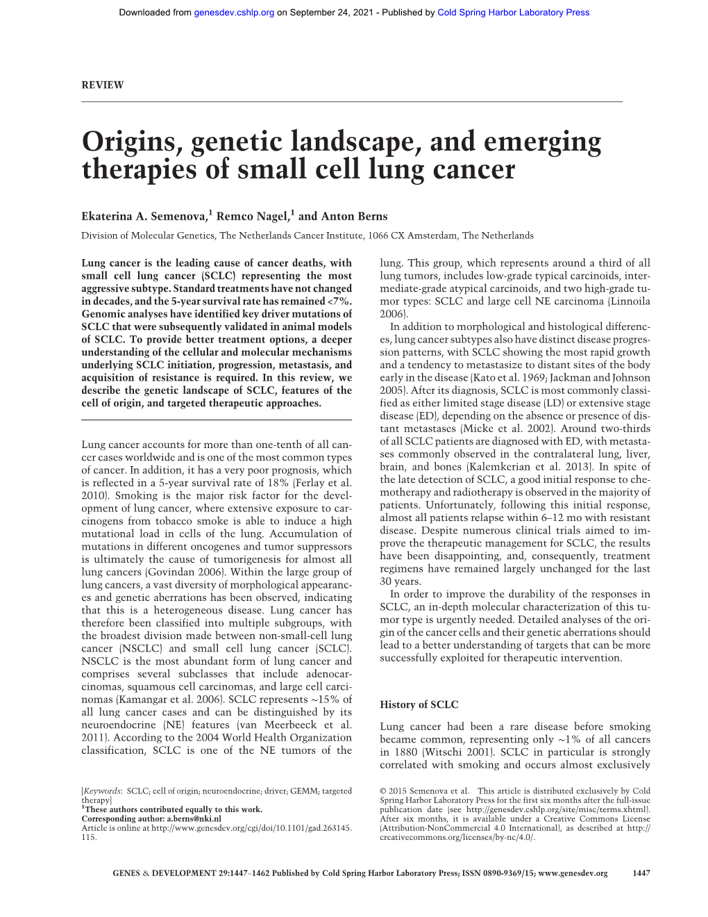 Origins, Genetic Landscape, and Emerging Therapies of Small Cell Lung Cancer