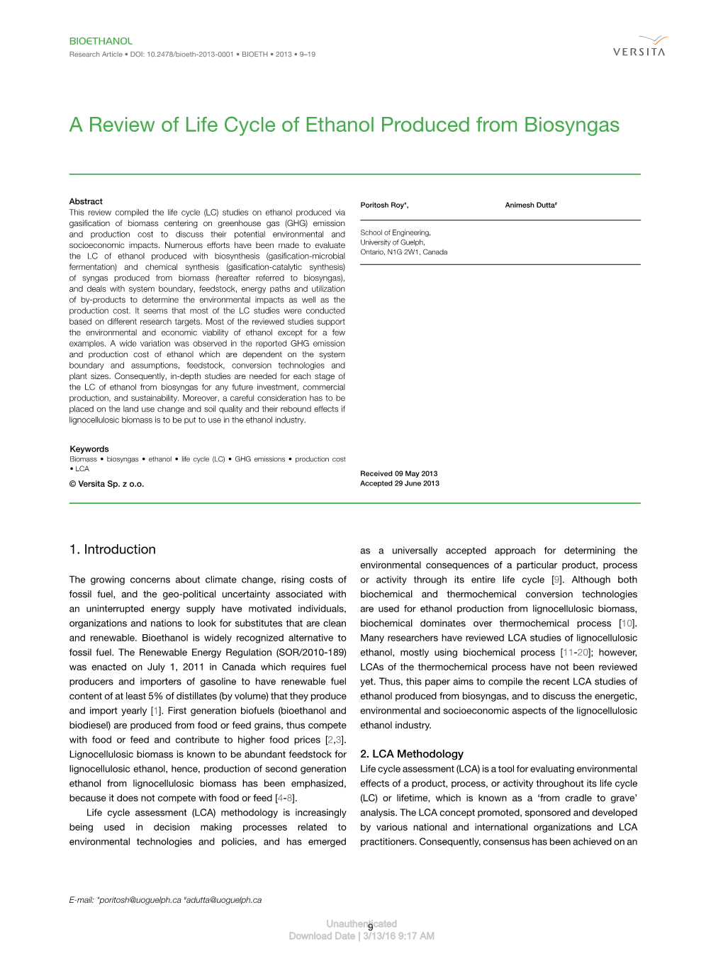 A Review of Life Cycle of Ethanol Produced from Biosyngas