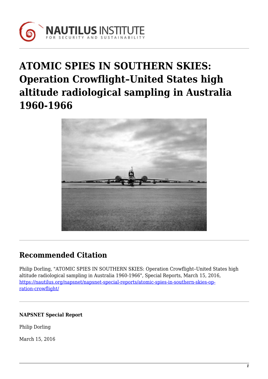 ATOMIC SPIES in SOUTHERN SKIES: Operation Crowflight–United States High Altitude Radiological Sampling in Australia 1960-1966