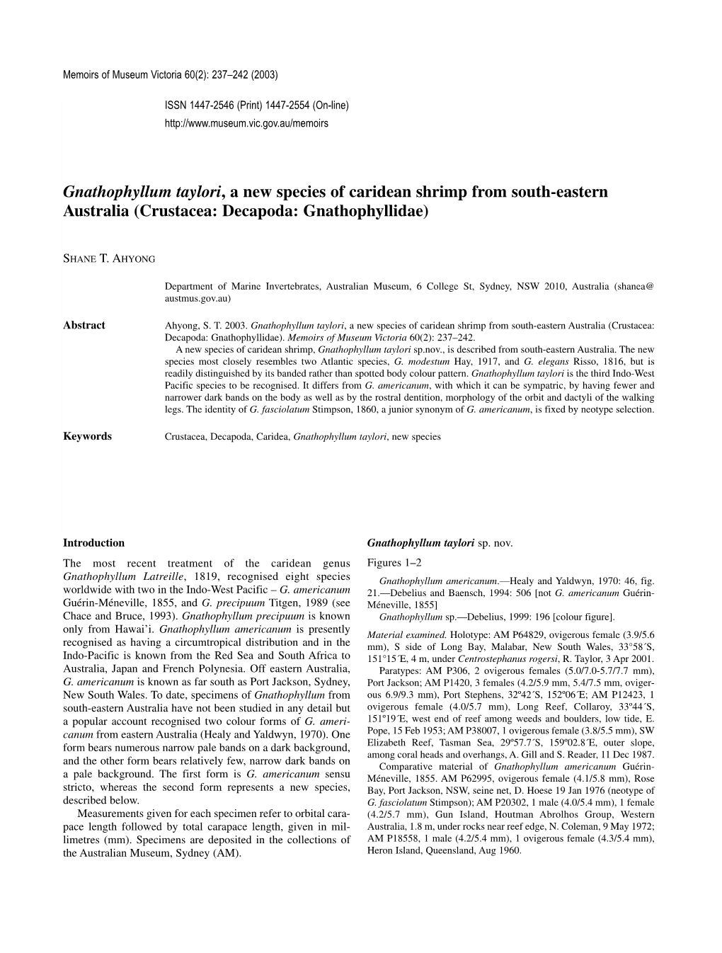 Gnathophyllum Taylori, a New Species of Caridean Shrimp from South-Eastern Australia (Crustacea: Decapoda: Gnathophyllidae)