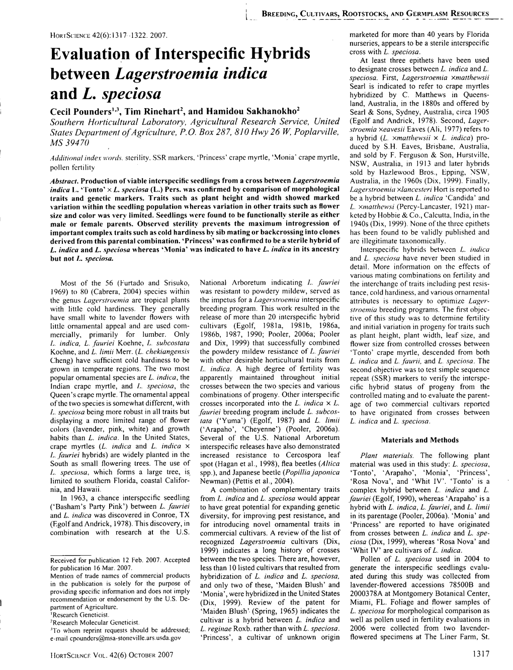 Evaluation of Interspecific Hybrids Between Lagerstroemia Indica And