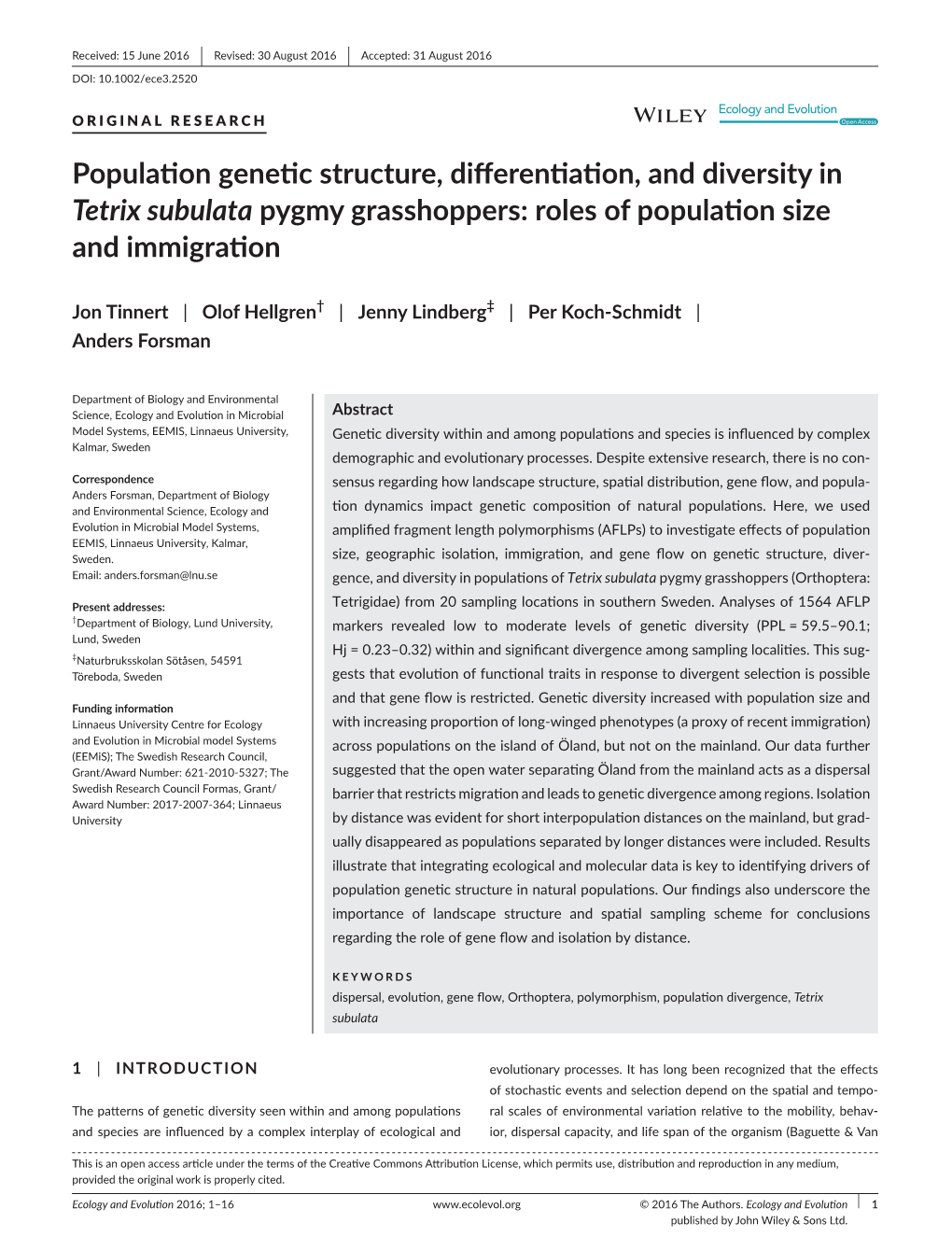 Population Genetic Structure, Differentiation, and Diversity in Tetrix Subulata Pygmy Grasshoppers: Roles of Population Size and Immigration