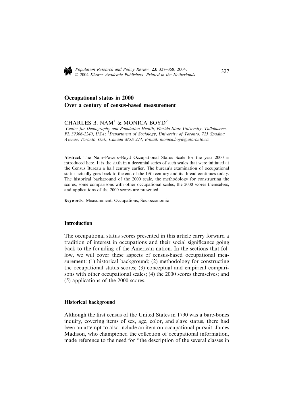 Occupational Status in 2000 Over a Century of Census-Based Measurement