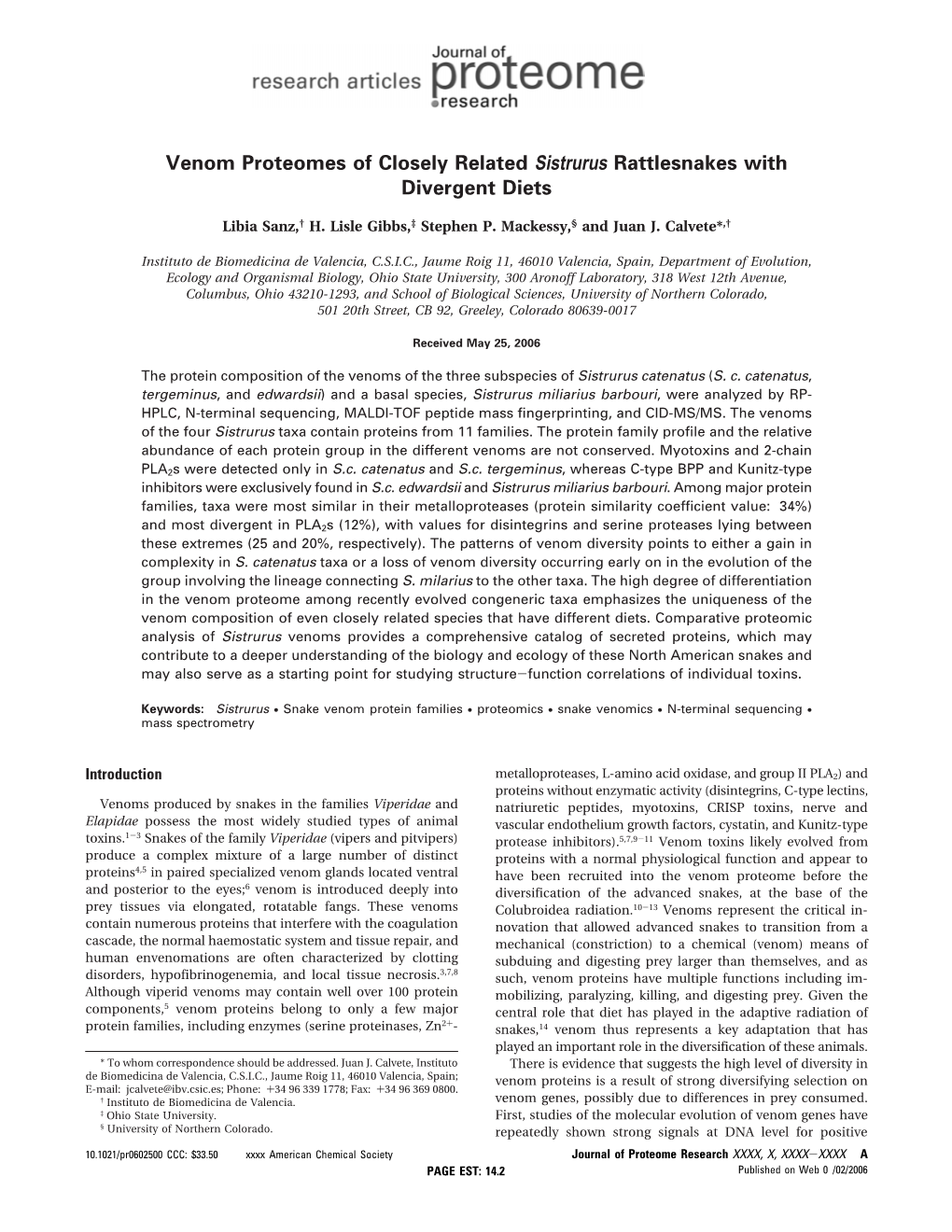 Venom Proteomes of Closely Related Sistrurus Rattlesnakes with Divergent Diets