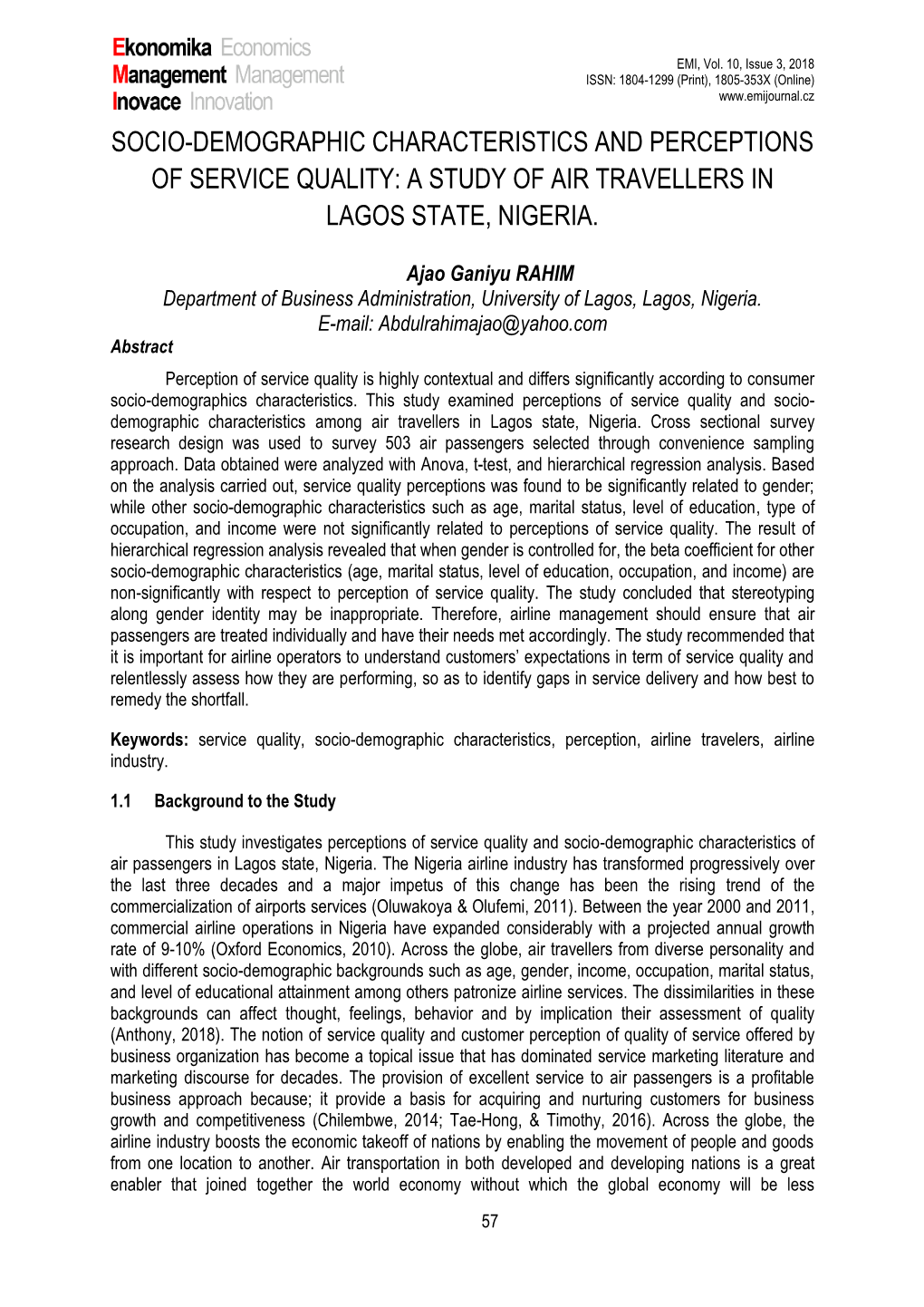 Socio-Demographic Characteristics and Perceptions of Service Quality: a Study of Air Travellers in Lagos State, Nigeria