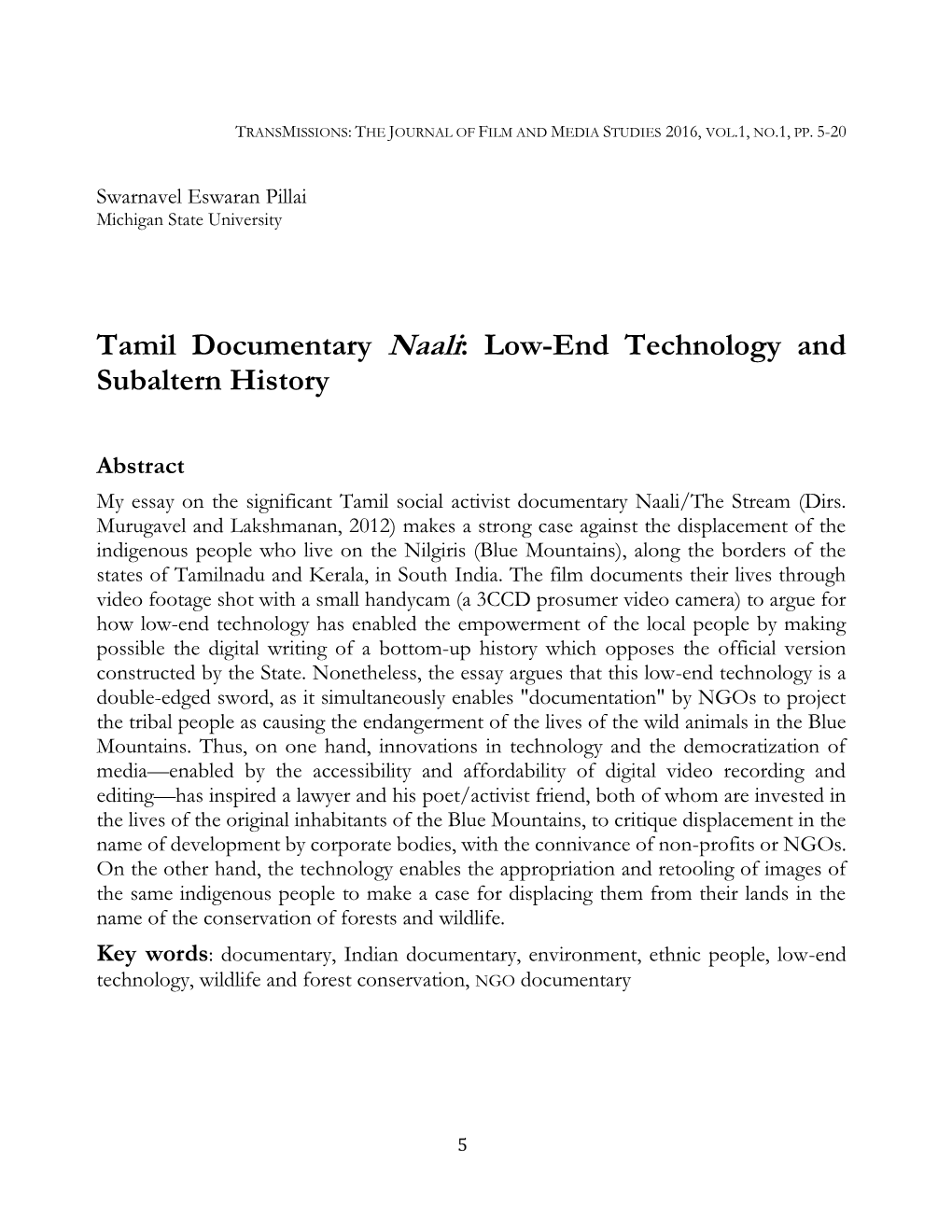 Tamil Documentary Naali: Low-End Technology and Subaltern History