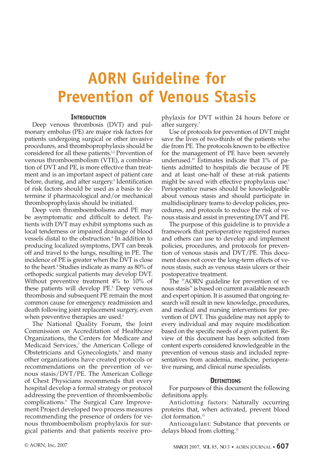 AORN Guideline for Prevention of Venous Stasis