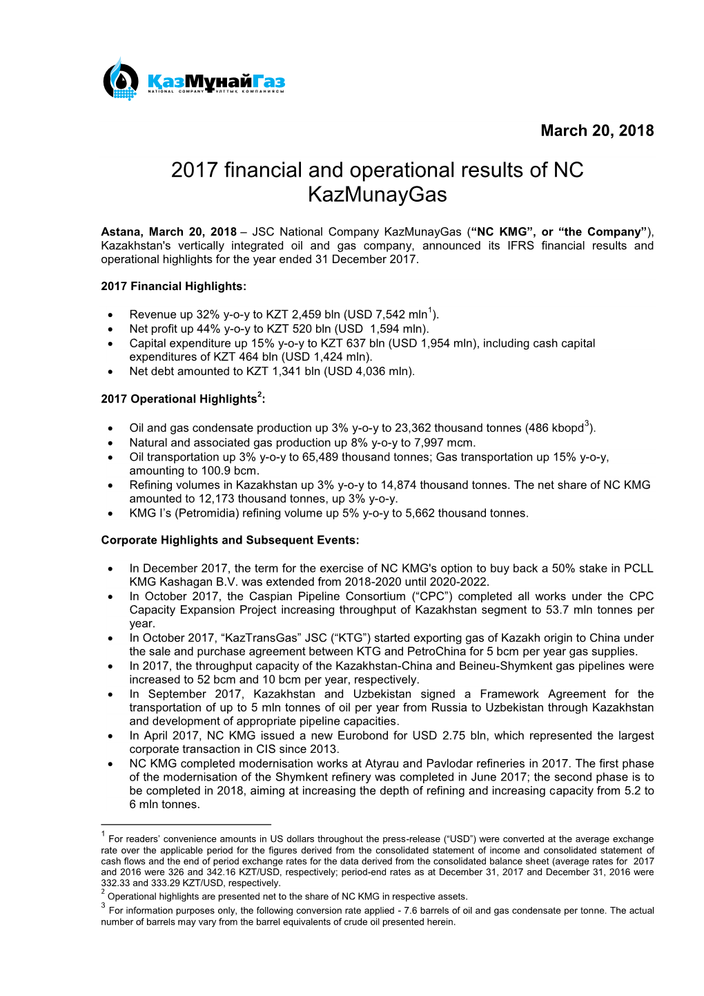 2017 Financial and Operational Results of NC Kazmunaygas