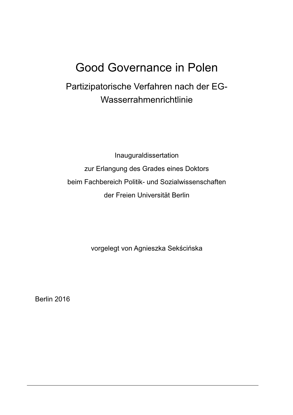 Good Governance in Polen Partizipatorische Verfahren Nach Der EG- Wasserrahmenrichtlinie