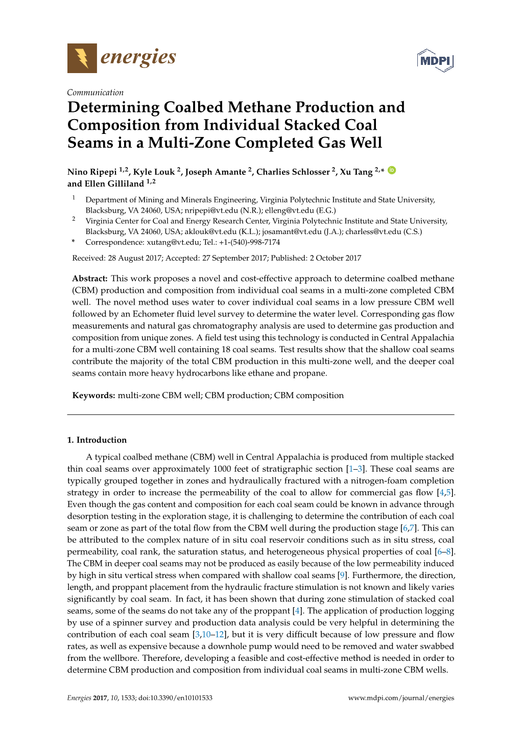 Determining Coalbed Methane Production and Composition from Individual Stacked Coal Seams in a Multi-Zone Completed Gas Well