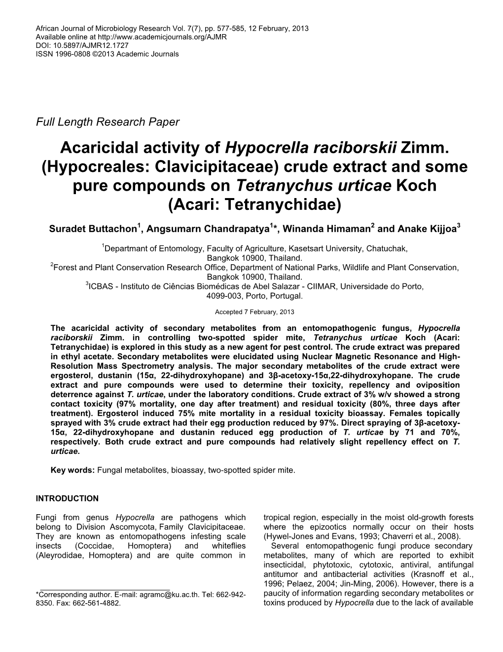 Acaricidal Activity of Hypocrella Raciborskii Zimm