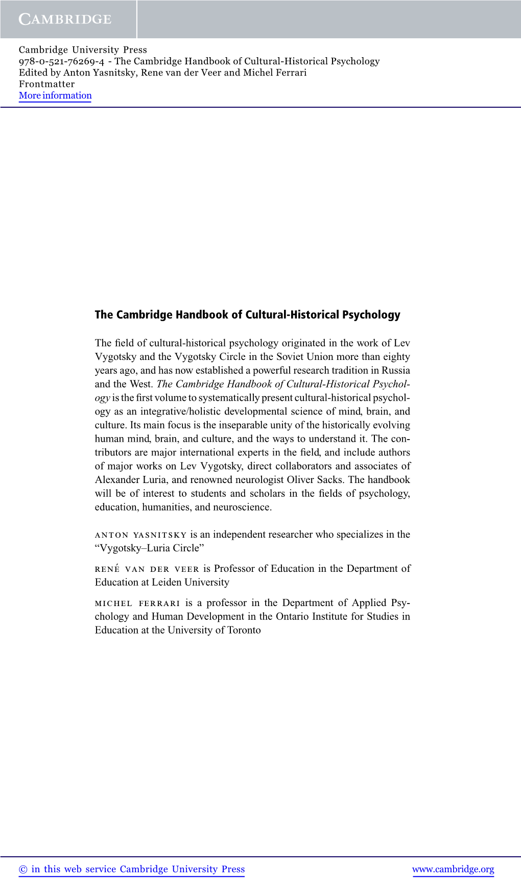 The Cambridge Handbook of Cultural-Historical Psychology Edited by Anton Yasnitsky, Rene Van Der Veer and Michel Ferrari Frontmatter More Information