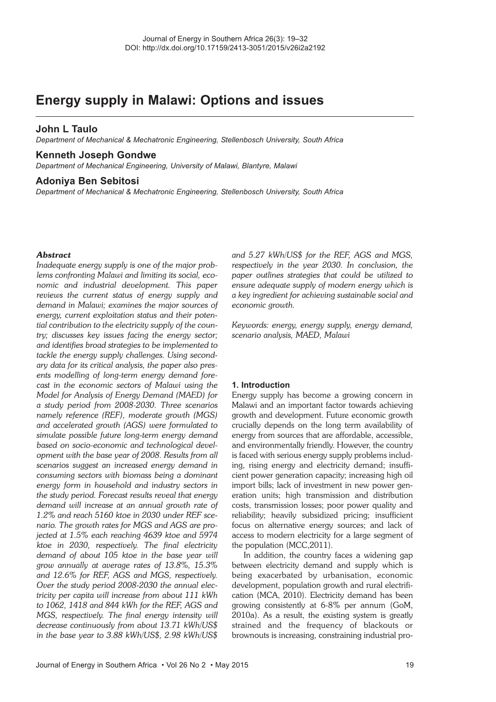 Energy Supply in Malawi: Options and Issues