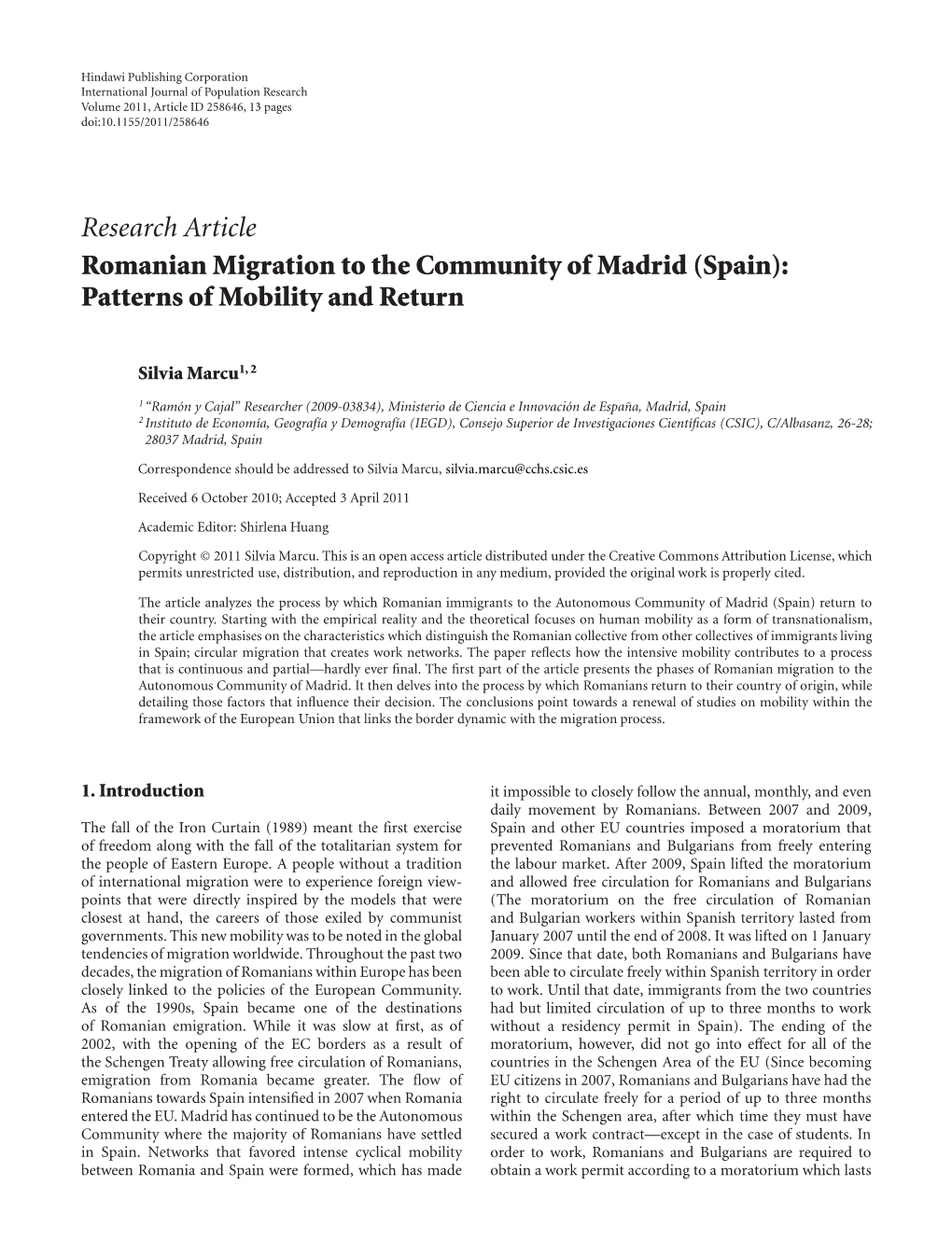 Romanian Migration to the Community of Madrid (Spain): Patterns of Mobility and Return