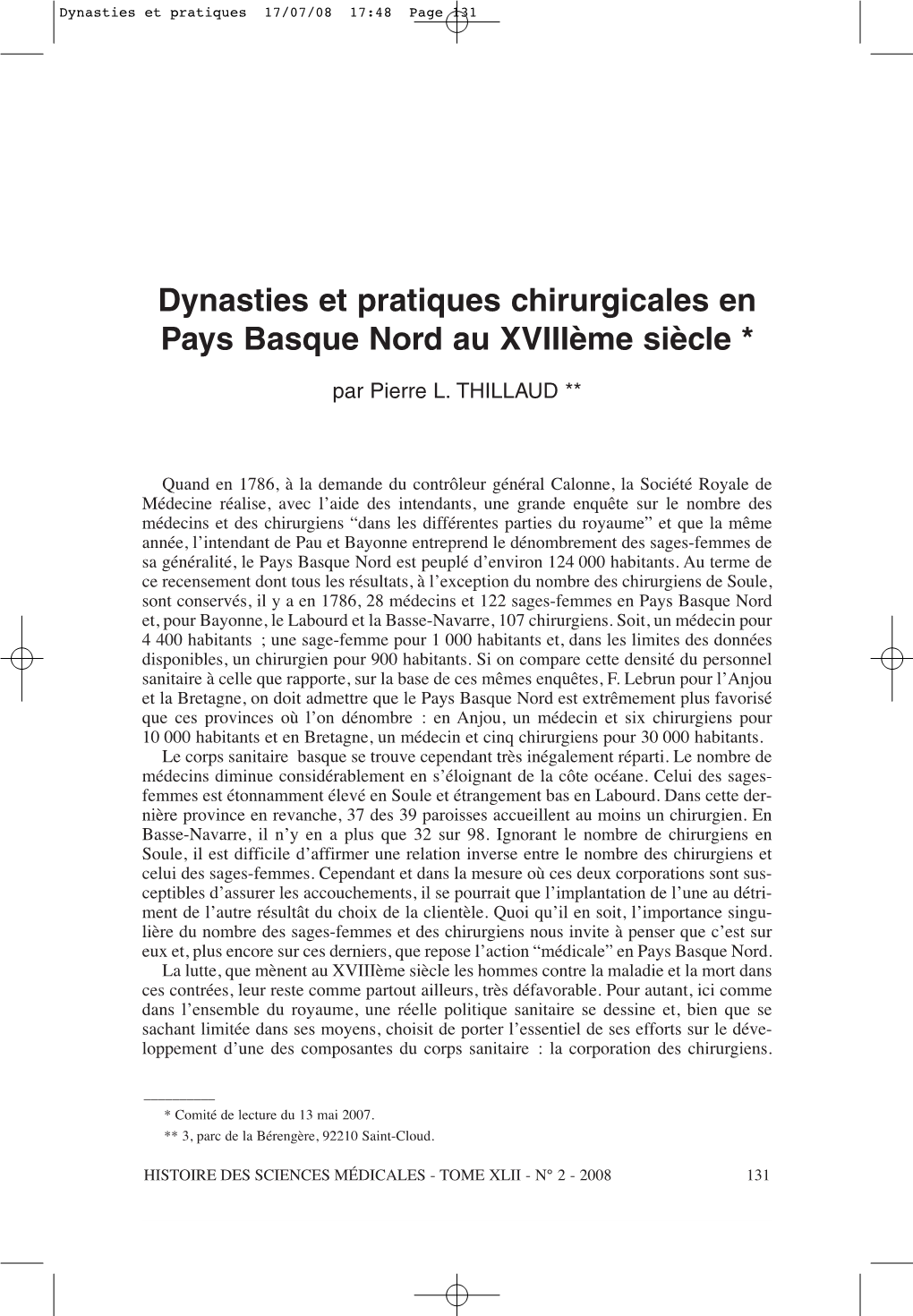 Dynasties Et Pratiques Chirurgicales En Pays Basque Nord Au Xviiième Siècle *