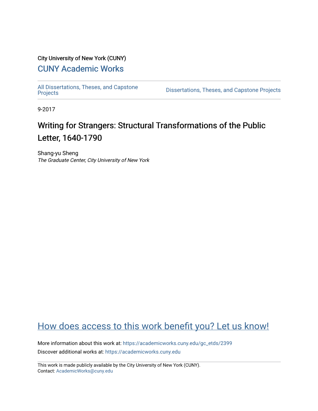 Writing for Strangers: Structural Transformations of the Public Letter, 1640-1790