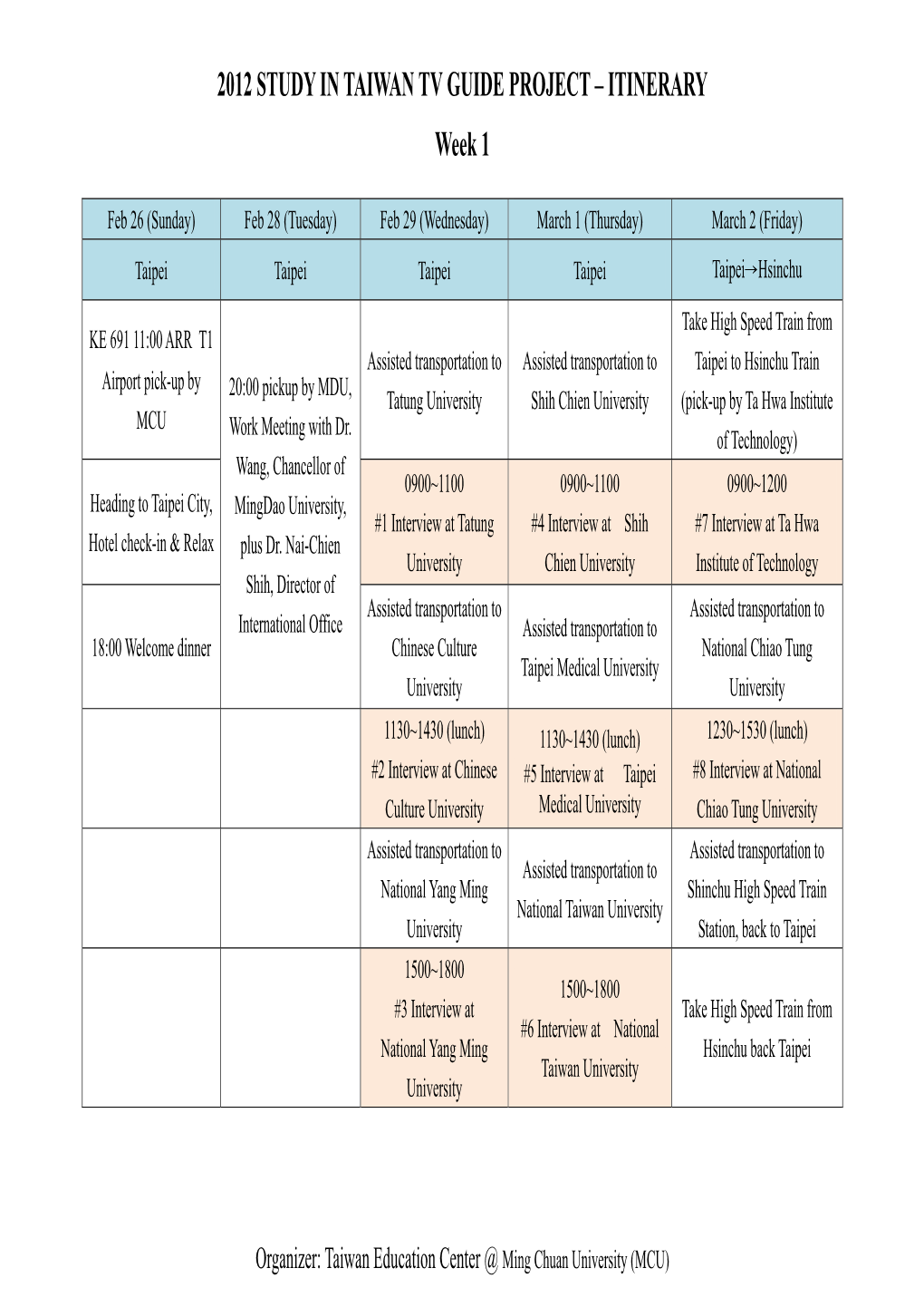 2012 STUDY in TAIWAN TV GUIDE PROJECT – ITINERARY Week 1