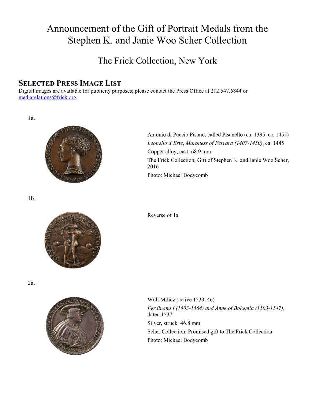 Announcement of the Gift of Portrait Medals from the Stephen K. and Janie Woo Scher Collection