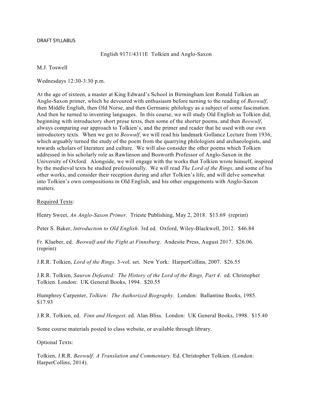 DRAFT SYLLABUS English 9171/4311E Tolkien and Anglo