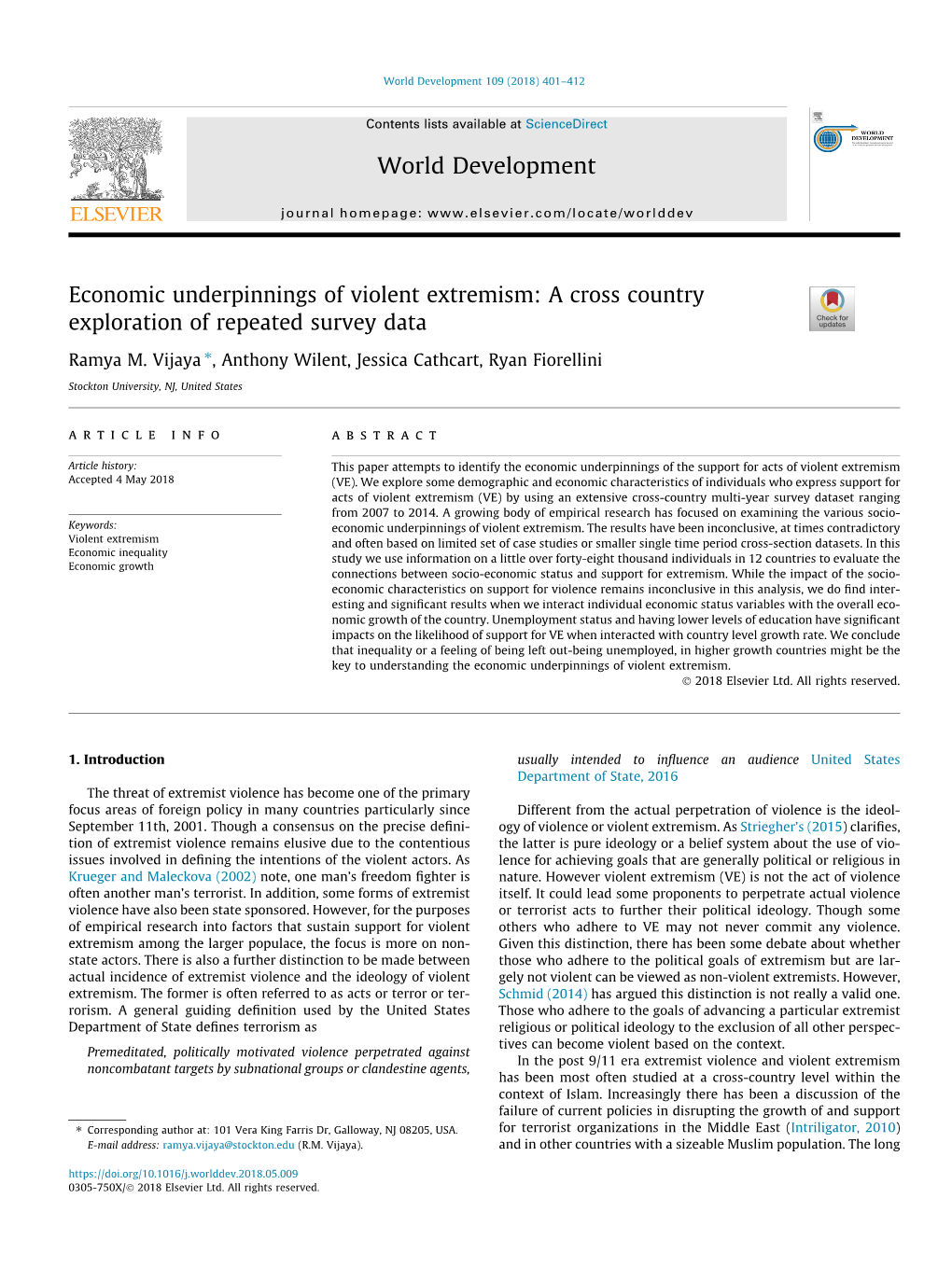 Economic Underpinnings of Violent Extremism: a Cross Country Exploration of Repeated Survey Data ⇑ Ramya M