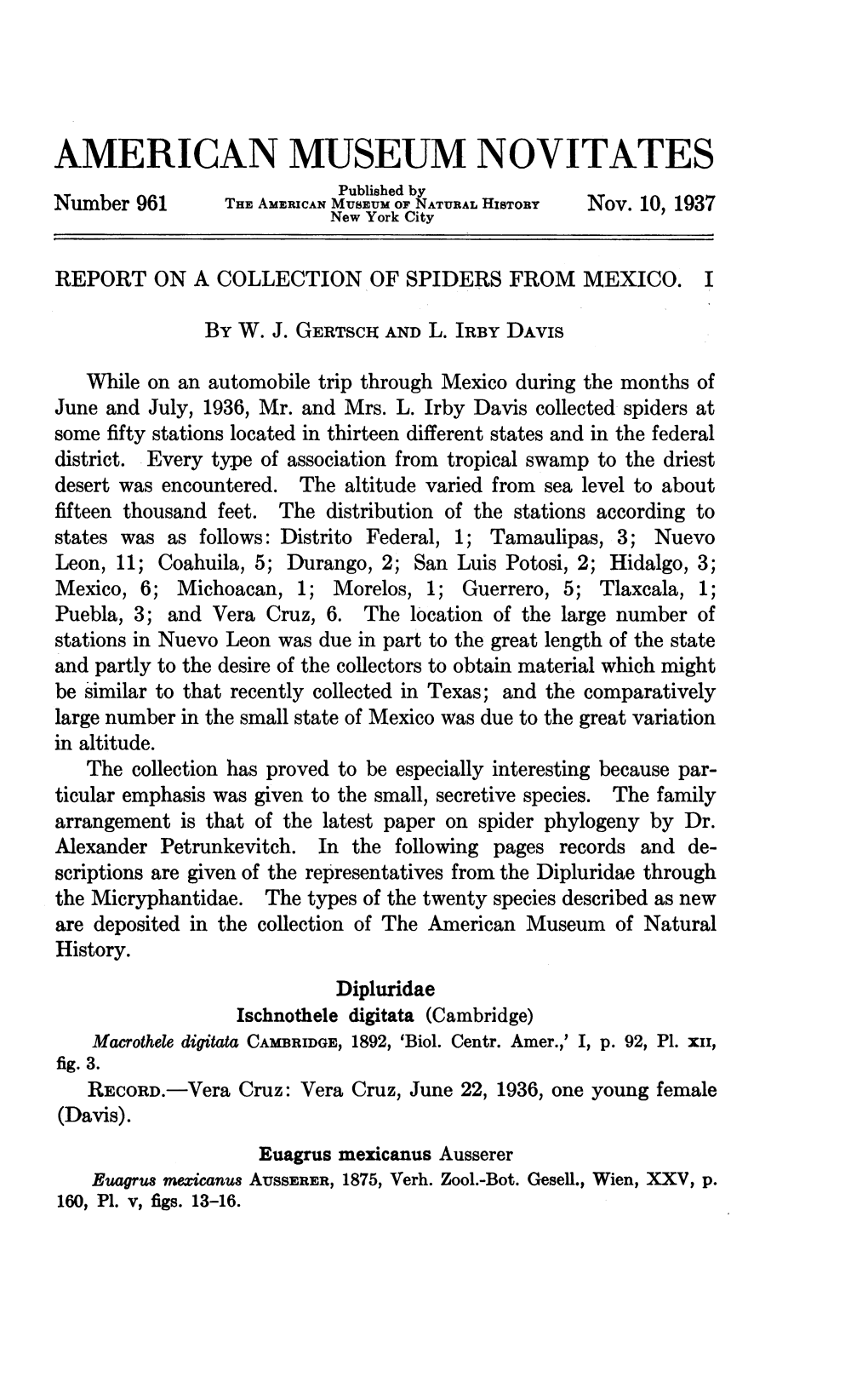 AMERICAN MUSEUM NOVITATES Published by Number 961 the AMERICAN Museium of NATURAL HISTORY Nov