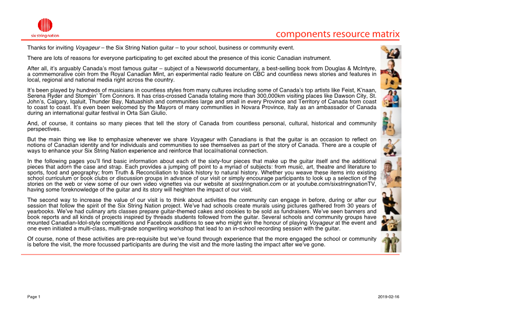 Components Resource Matrix Thanks for Inviting Voyageur – the Six String Nation Guitar – to Your School, Business Or Community Event