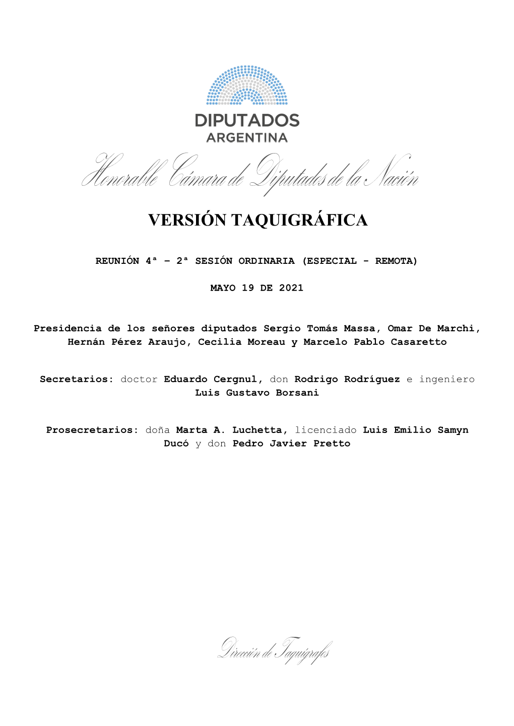 Honorable Cámara De Diputados De La Nación Dirección De Taquígrafos