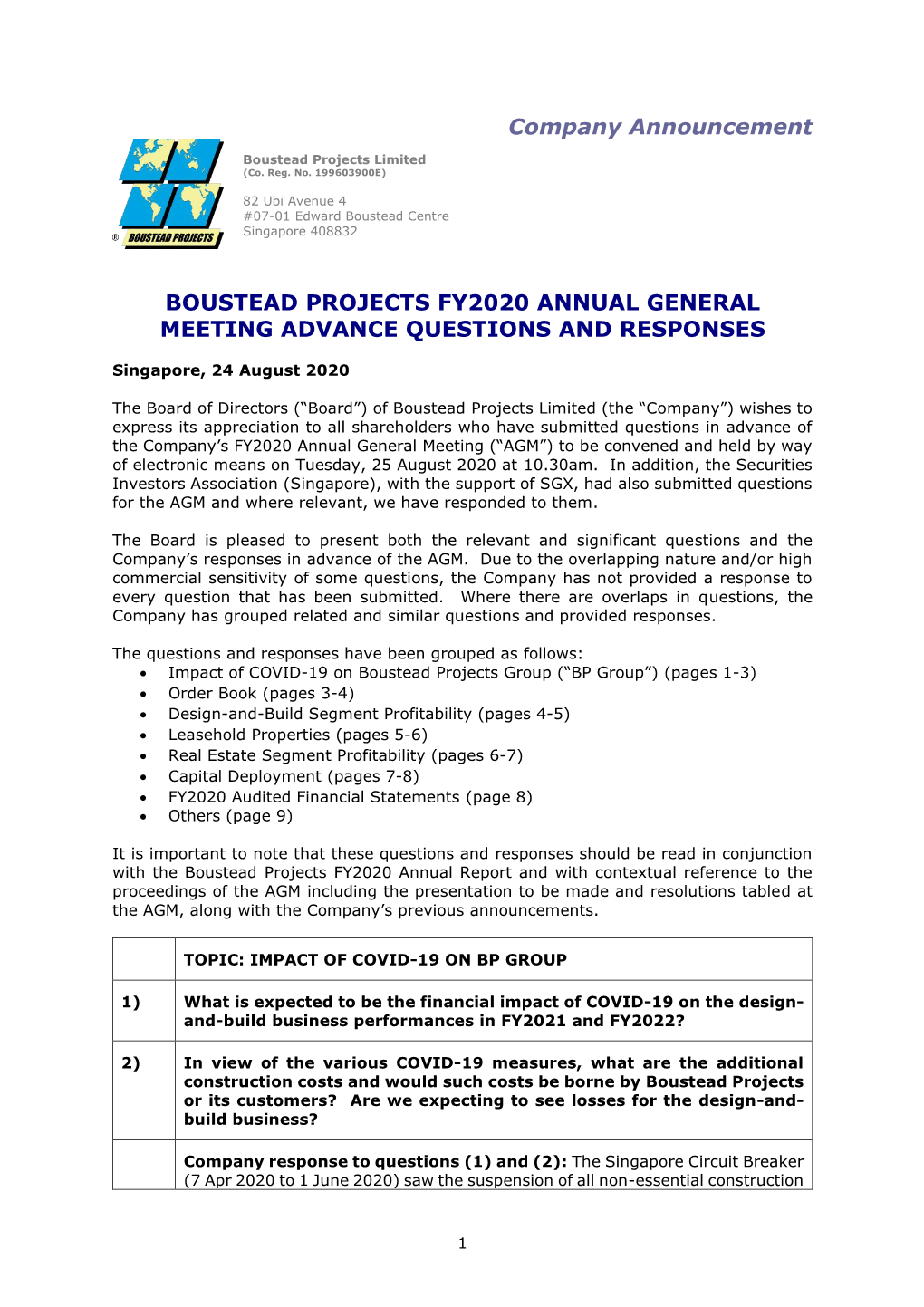 Boustead Projects FY2020 AGM Advance Questions and Responses