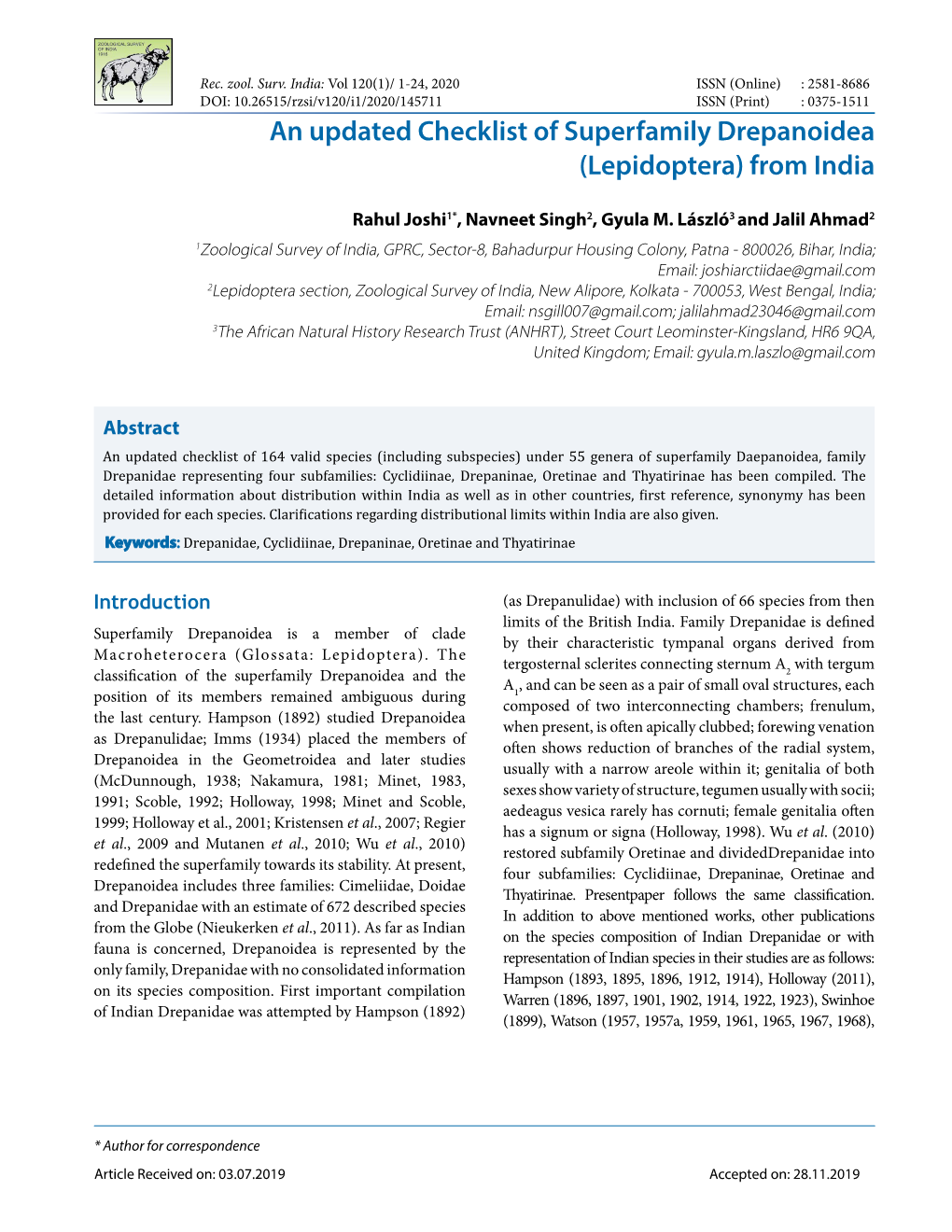 An Updated Checklist of Superfamily Drepanoidea (Lepidoptera) from India