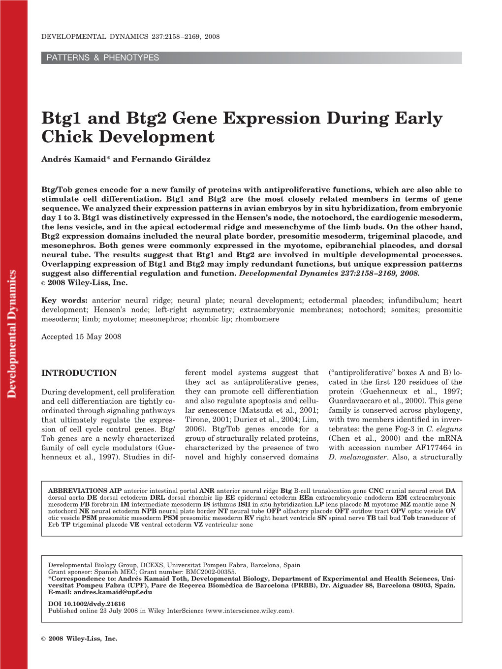 Btg1 and Btg2 Gene Expression During Early Chick Development