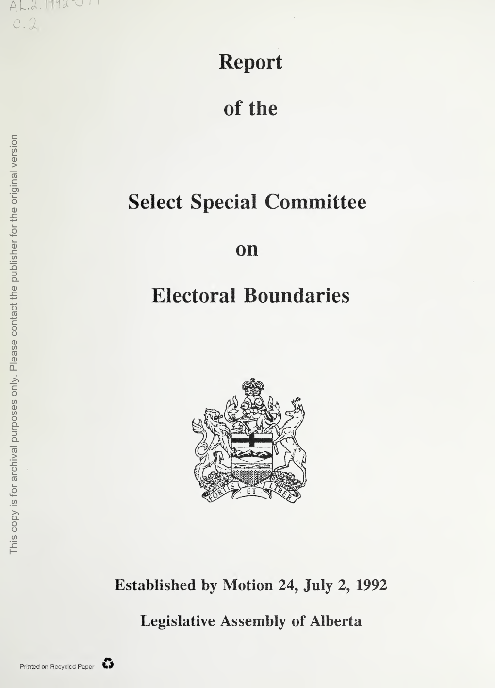 Report of the Select Special Committee on Electoral Boundaries