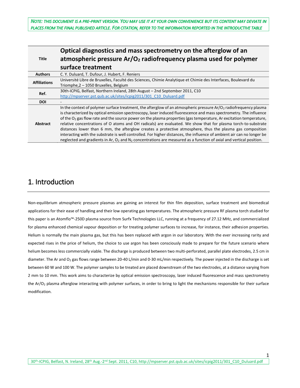 Optical Diagnostics and Mass Spectrometry on the Afterglow of an Title Atmospheric Pressure Ar/O2 Radiofrequency Plasma Used for Polymer Surface Treatment Authors C