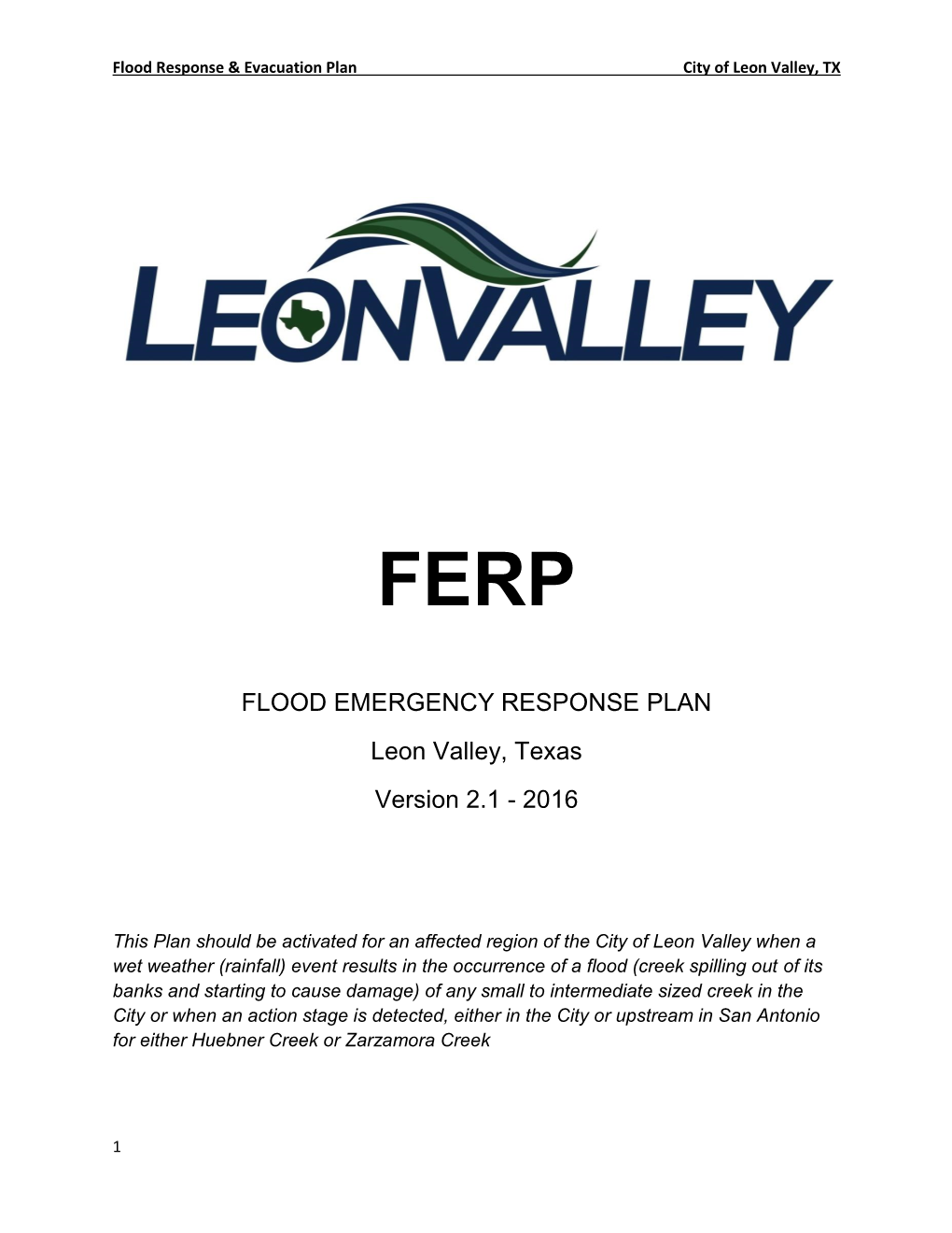 FLOOD EMERGENCY RESPONSE PLAN Leon Valley, Texas Version 2.1 - 2016