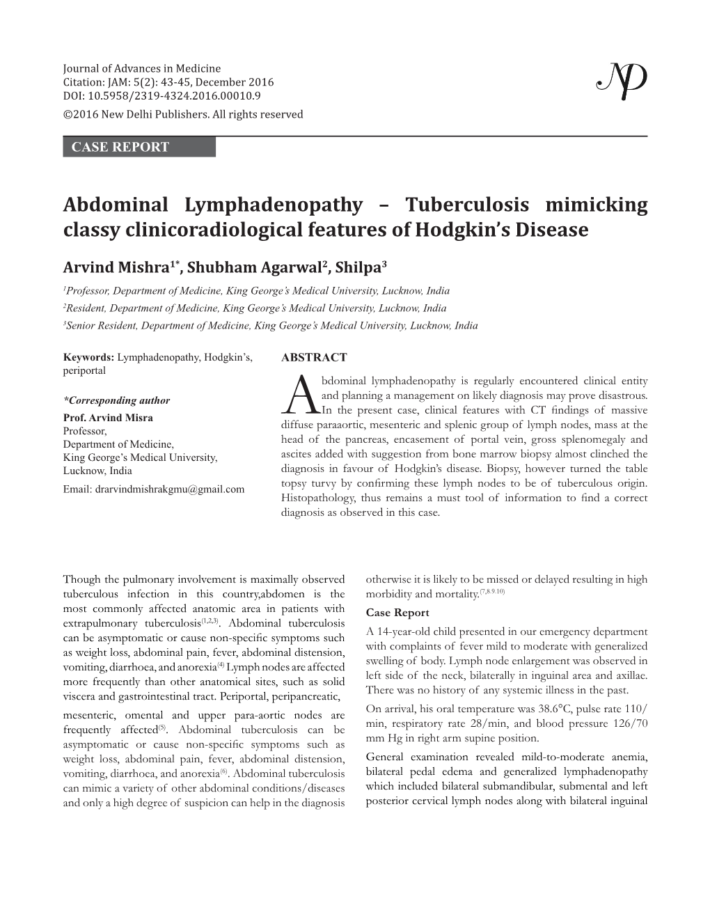 Abdominal Lymphadenopathy – Tuberculosis Mimicking Classy Clinicoradiological Features of Hodgkin’S Disease