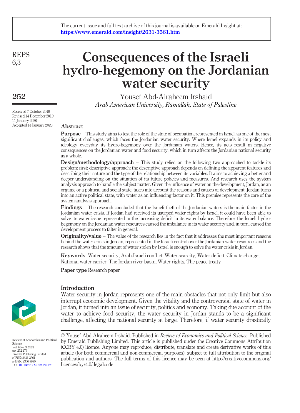 Consequences of the Israeli Hydro-Hegemony on the Jordanian