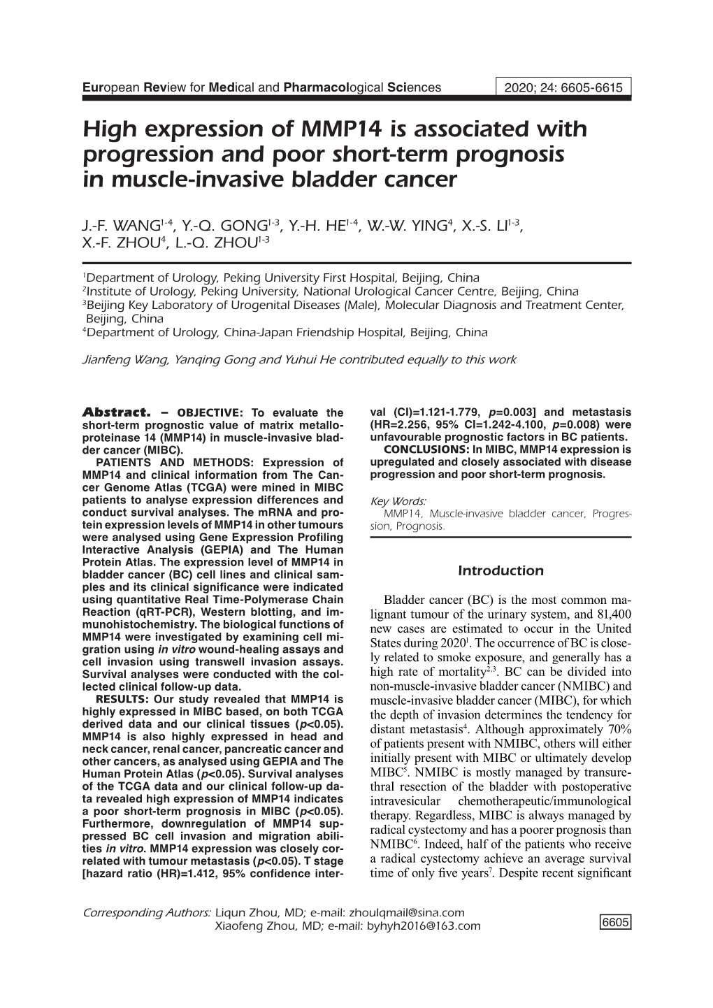 High Expression of MMP14 Is Associated with Progression and Poor Short-Term Prognosis in Muscle-Invasive Bladder Cancer