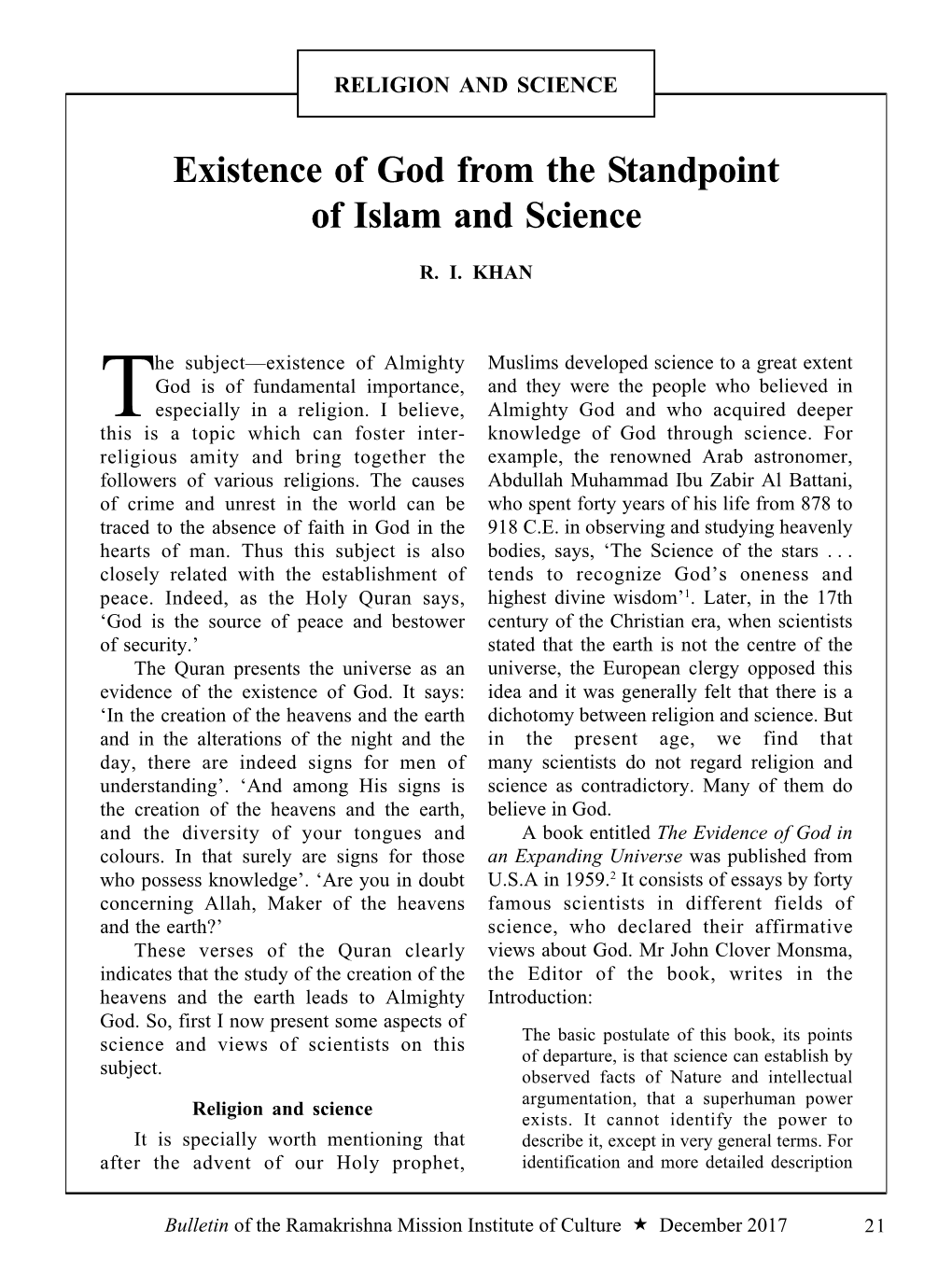 Existence of God from the Standpoint of Islam and Science Religion and Science