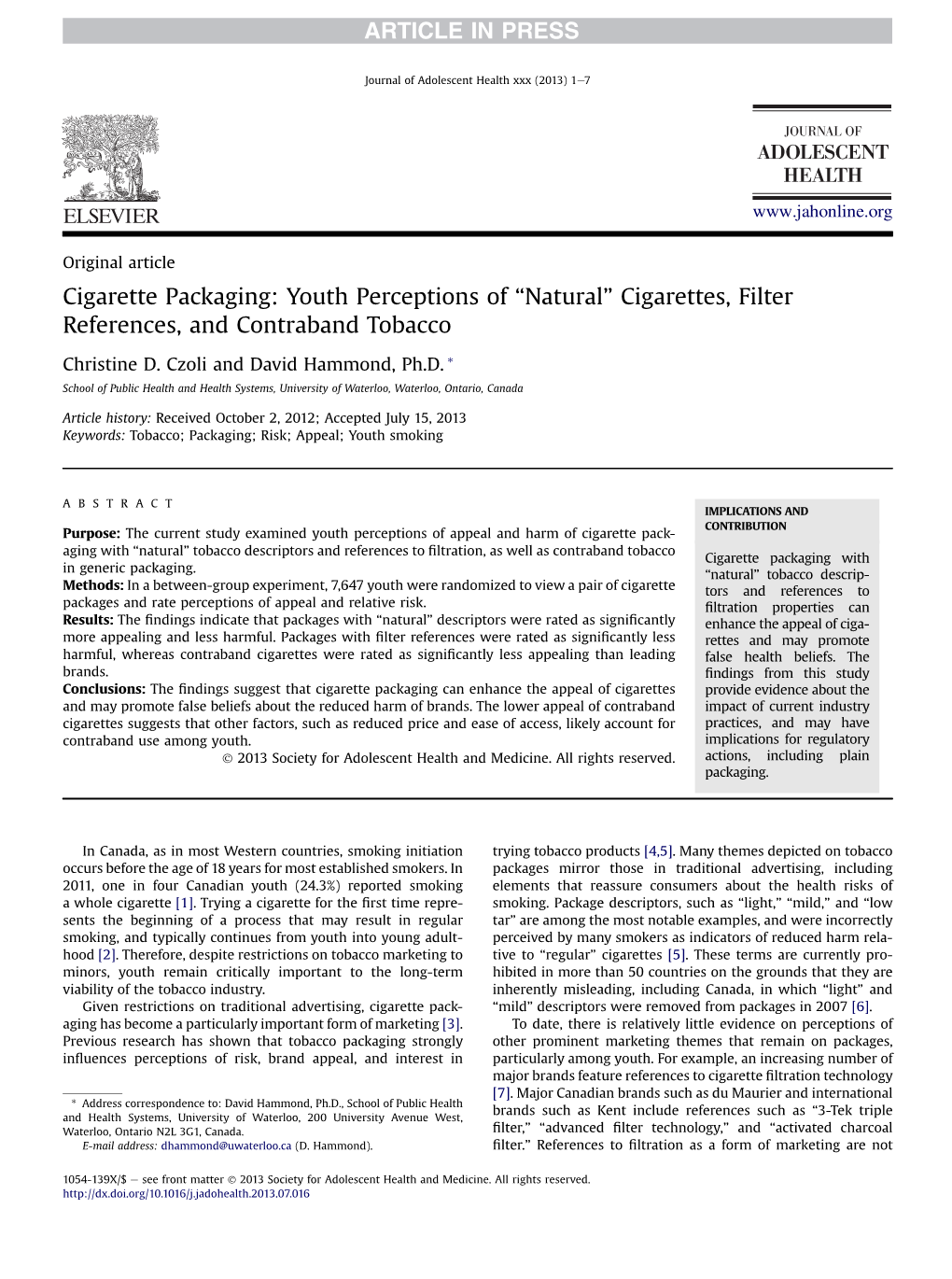 Youth Perceptions of ``Natural'' Cigarettes, Filter